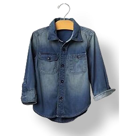 Gap Boys Shirt Size 2 Blue Chambray Worker Mineral Dark Wash Indigo So Soft - Picture 1 of 8